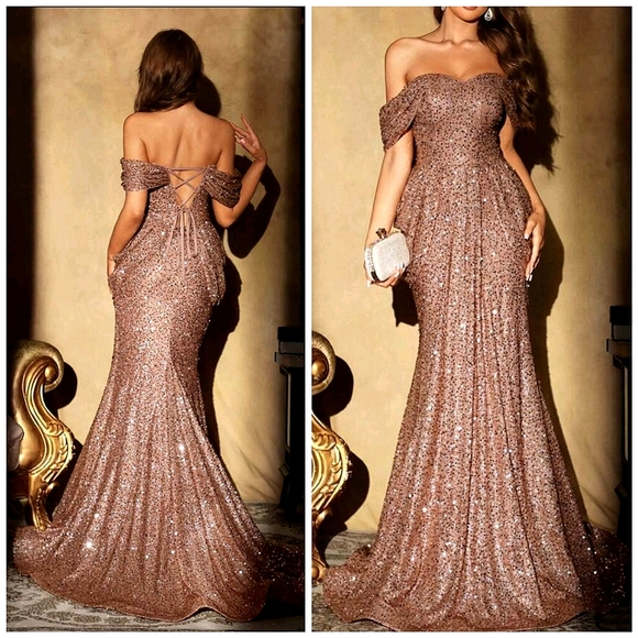 New Glam Sequin Off Shoulder Lace Up Back Ruched Gown Dress Tan Gold - Picture 1 of 9